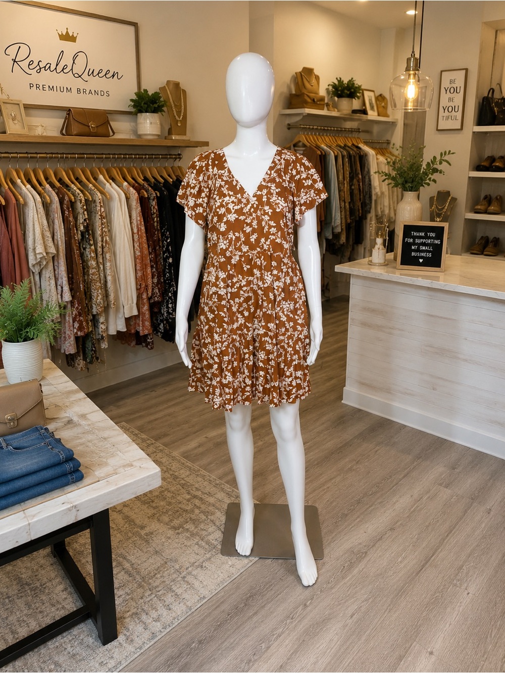 Old Navy Rust Brown Floral V-Neck Ruffle Midi Dress
